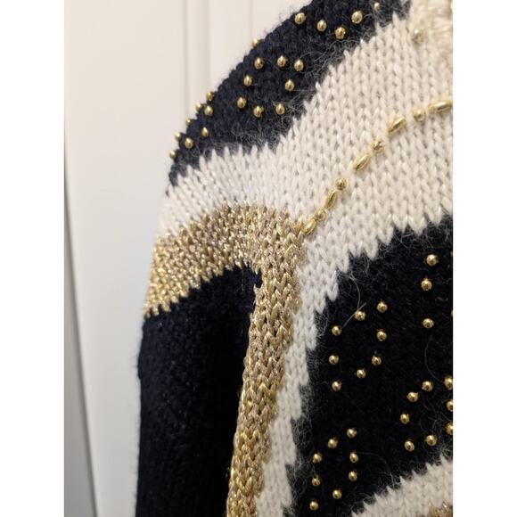 Vintage Dana Scott Womens L Sweater Black & Cream Gold Beads Party Holiday - Picture 4 of 8